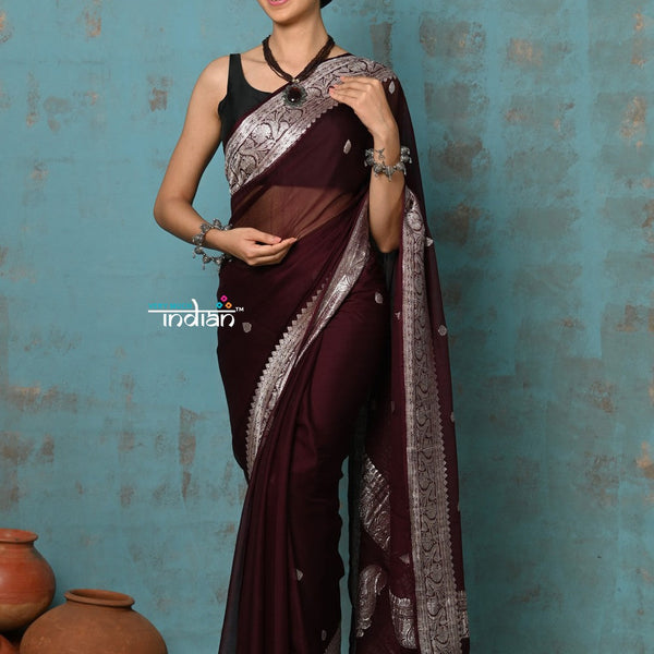 Very Much Indian Suhaani - Handloom Khaddi Georgette Saree With Sleek Border - Maroon (Silk Mark) - Distacart