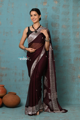 Very Much Indian Suhaani - Handloom Khaddi Georgette Saree With Sleek Border - Maroon (Silk Mark) - Distacart