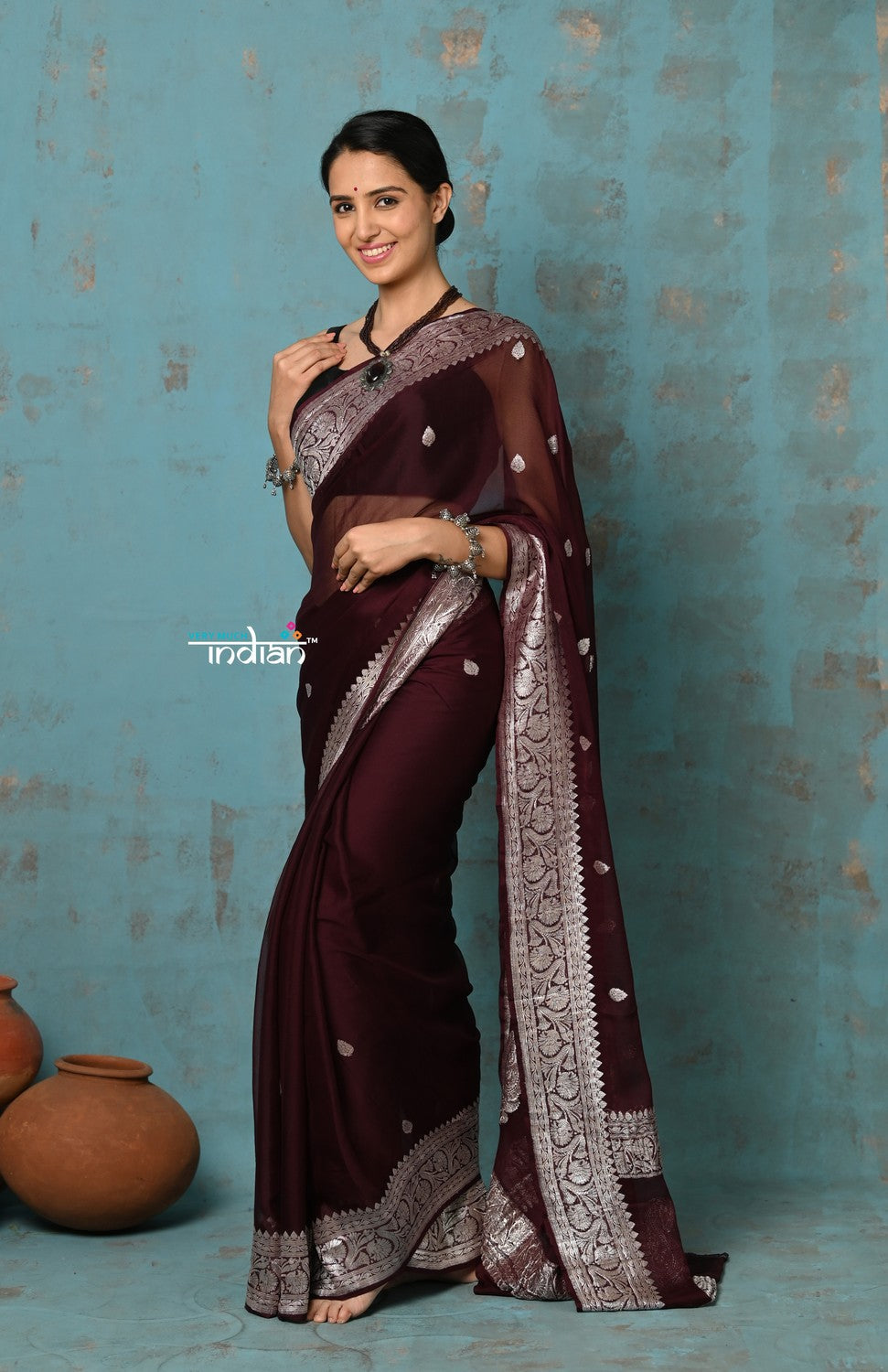 Very Much Indian Suhaani - Handloom Khaddi Georgette Saree With Sleek Border - Maroon (Silk Mark) - Distacart