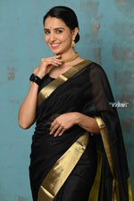 Thumbnail for Very Much Indian Prerna - Handloom Pure Chanderi Cotton Silk Saree With Golden Border - Black - Distacart