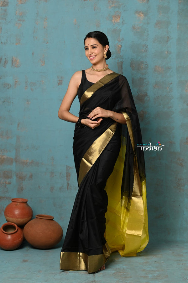 Very Much Indian Prerna - Handloom Pure Chanderi Cotton Silk Saree With Golden Border - Black - Distacart