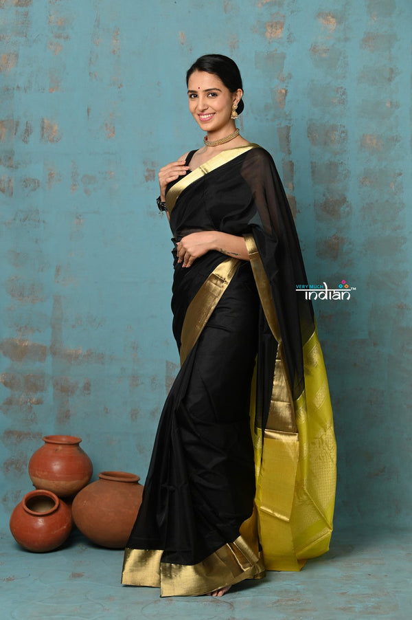 Very Much Indian Prerna - Handloom Pure Chanderi Cotton Silk Saree With Golden Border - Black - Distacart
