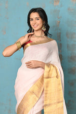 Thumbnail for Very Much Indian Tyohaar - Handloom Pure Organic Linen Saree With Golden Border - Baby Pink (High Quality Linen) - Distacart