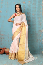 Thumbnail for Very Much Indian Tyohaar - Handloom Pure Organic Linen Saree With Golden Border - Baby Pink (High Quality Linen) - Distacart