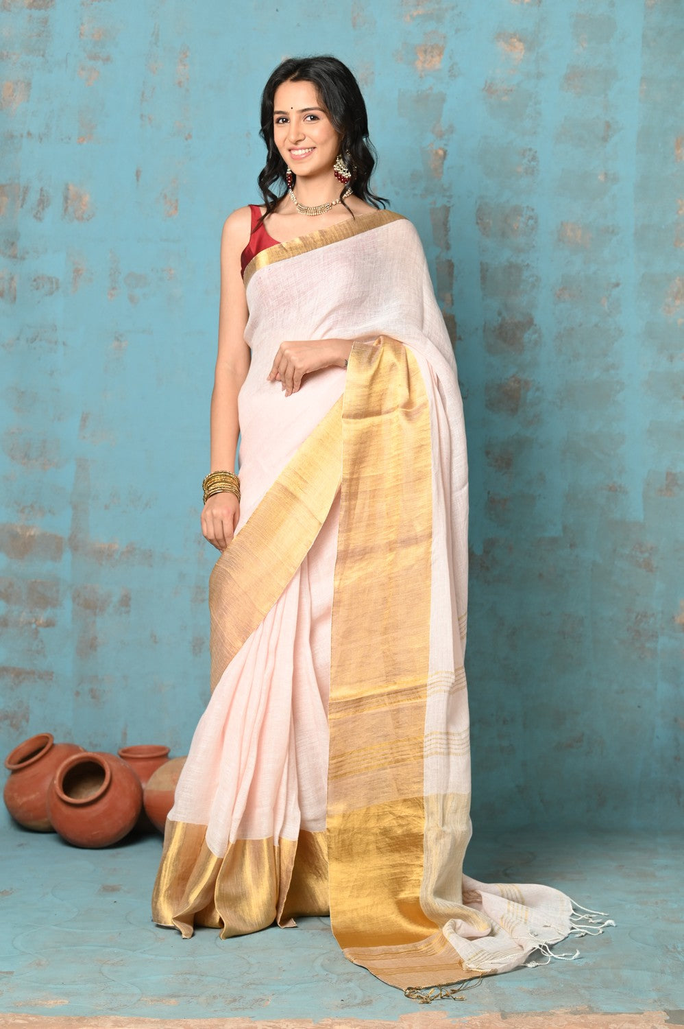 Very Much Indian Tyohaar - Handloom Pure Organic Linen Saree With Golden Border - Baby Pink (High Quality Linen) - Distacart