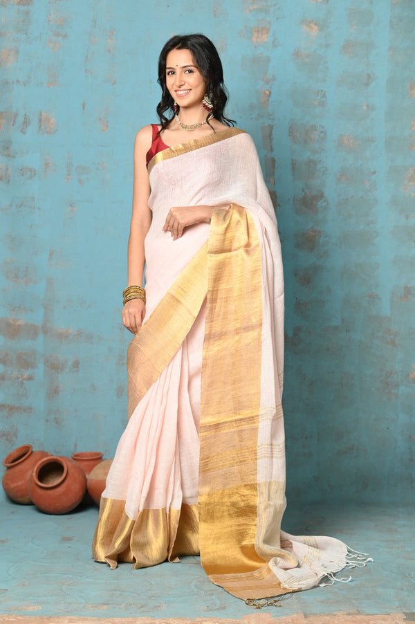 Very Much Indian Tyohaar - Handloom Pure Organic Linen Saree With Golden Border - Baby Pink (High Quality Linen) - Distacart