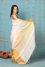 Thumbnail for Very Much Indian Tyohaar - Handloom Pure Organic Linen Saree With Golden Border - Baby Pink (High Quality Linen) - Distacart