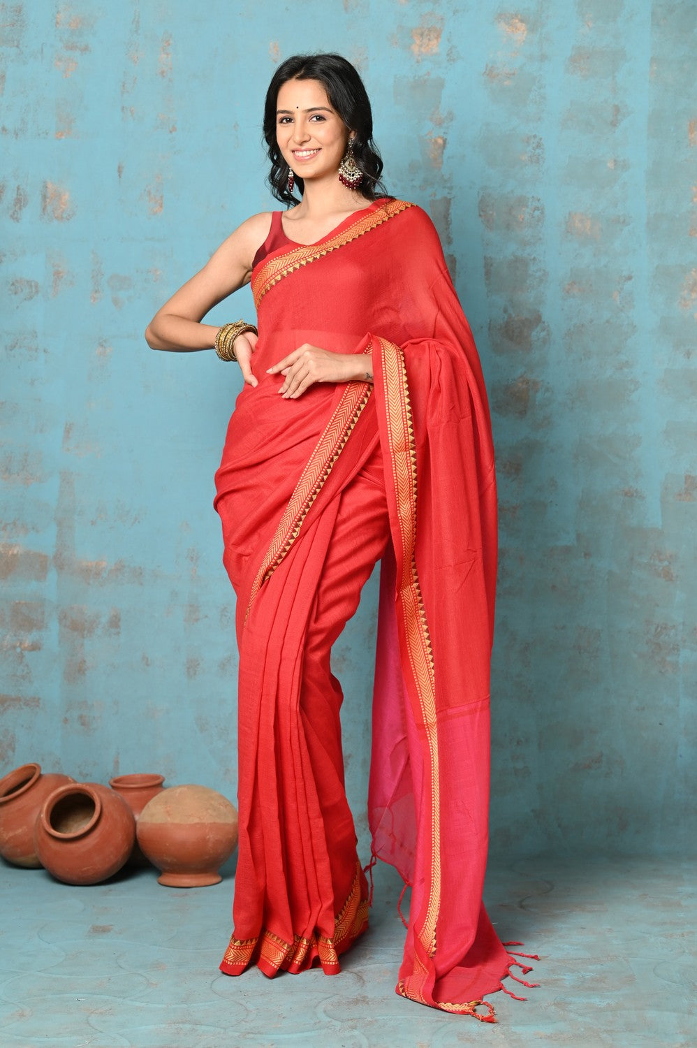 Very Much Indian Tyohaar - Pure Mul Cotton Handloom Saree - Red - Distacart