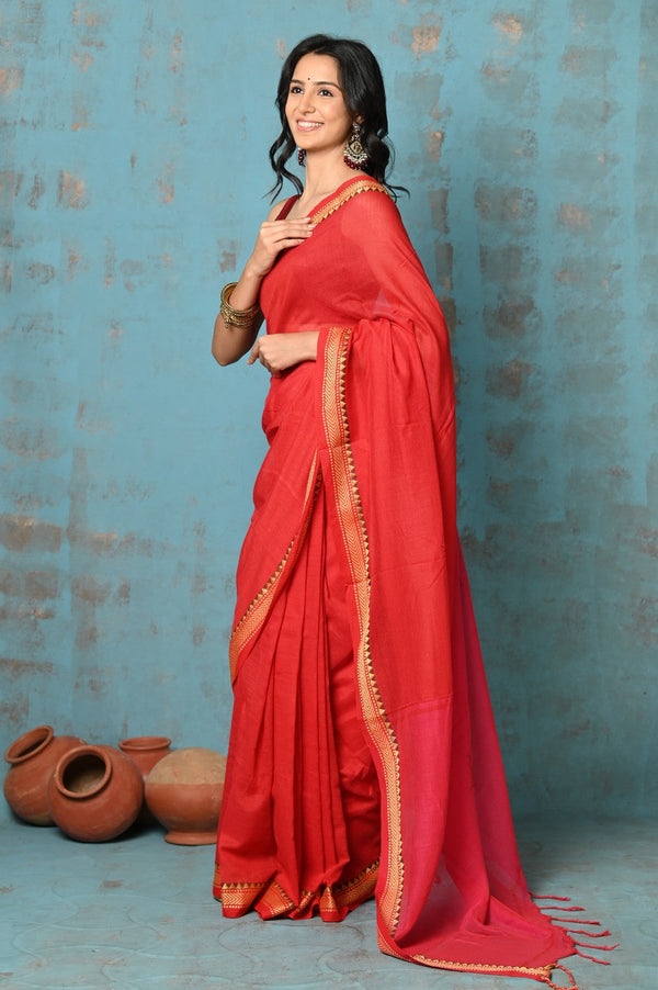 Very Much Indian Tyohaar - Pure Mul Cotton Handloom Saree - Red - Distacart