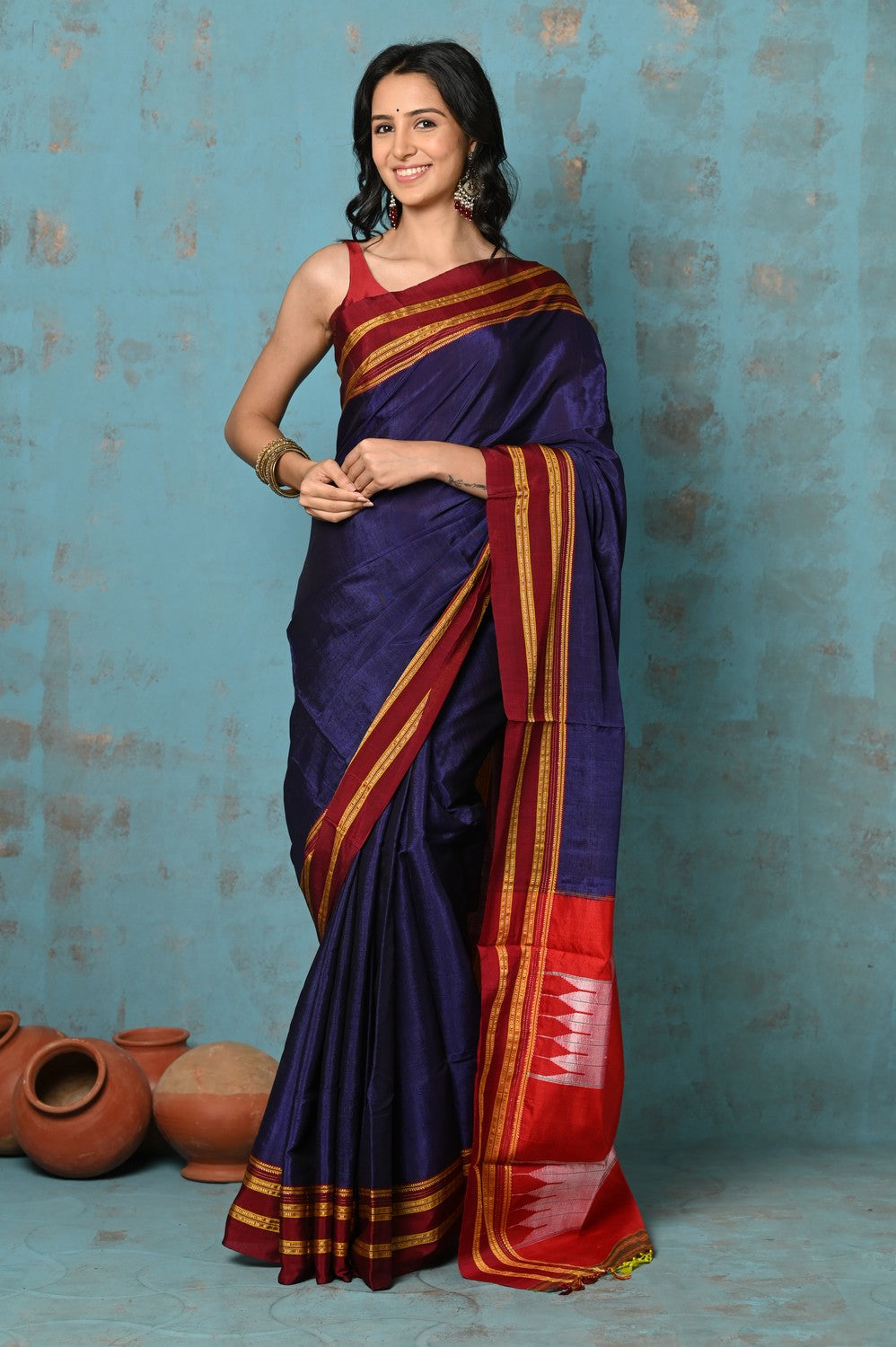 Very Much Indian Tyohaar - Traditional Handloom Royal Blue Ilkal Cotton Viscose with Red Pure Silk Pallu - Distacart