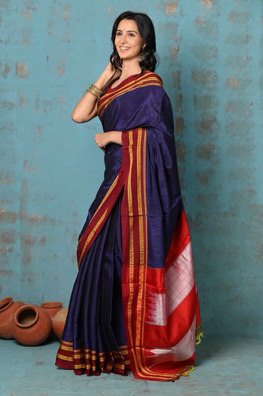 Very Much Indian Tyohaar - Traditional Handloom Royal Blue Ilkal Cotton Viscose with Red Pure Silk Pallu - Distacart