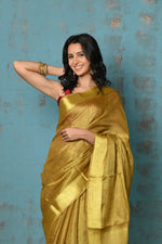 Thumbnail for Very Much Indian Tyohaar - Pure Handwoven Organic Tissue Linen Saree - Shimmery Gold - Distacart