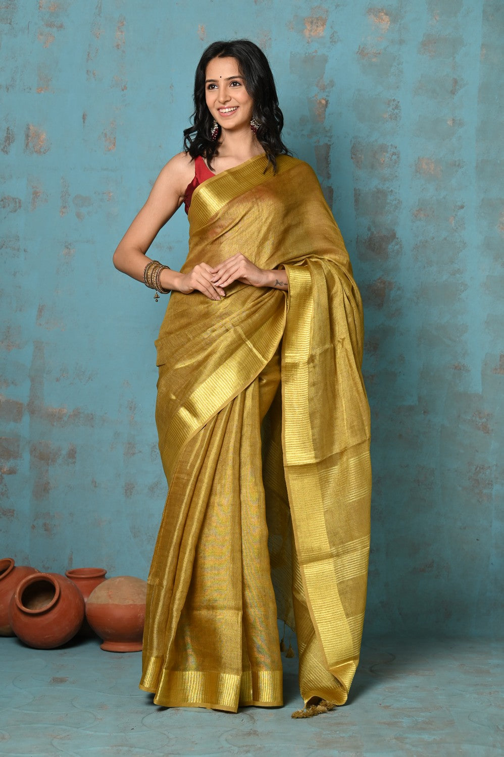 Very Much Indian Tyohaar - Pure Handwoven Organic Tissue Linen Saree - Shimmery Gold - Distacart