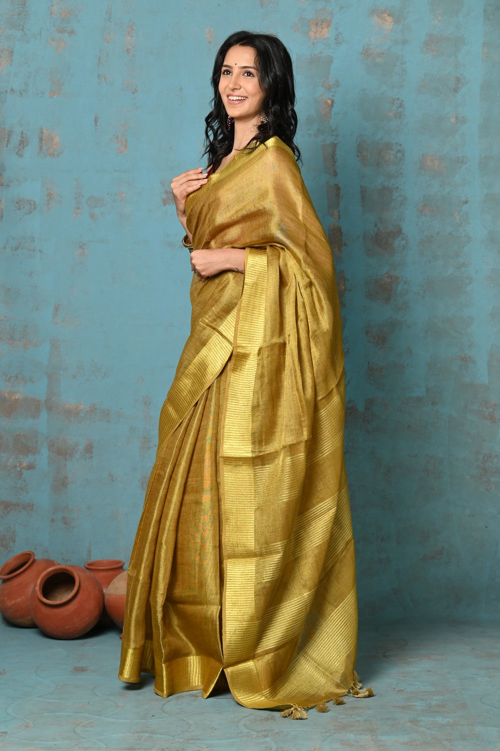 Very Much Indian Tyohaar - Pure Handwoven Organic Tissue Linen Saree - Shimmery Gold - Distacart
