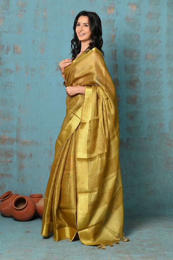 Very Much Indian Tyohaar - Pure Handwoven Organic Tissue Linen Saree - Shimmery Gold - Distacart
