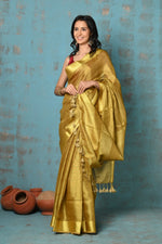 Thumbnail for Very Much Indian Tyohaar - Pure Handwoven Organic Tissue Linen Saree - Shimmery Gold - Distacart