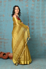 Thumbnail for Very Much Indian Tyohaar - Pure Handwoven Organic Tissue Linen Saree - Shimmery Gold - Distacart