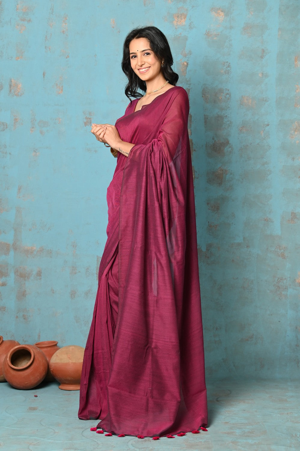 Very Much Indian Tyohaar - Mul Cotton Khadi Design Handloom Woven Saree - Magenta