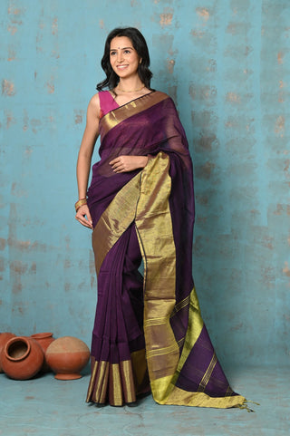Very Much Indian Tyohaar - Handloom Pure Cotton Linen Saree With Golden Border - Purple