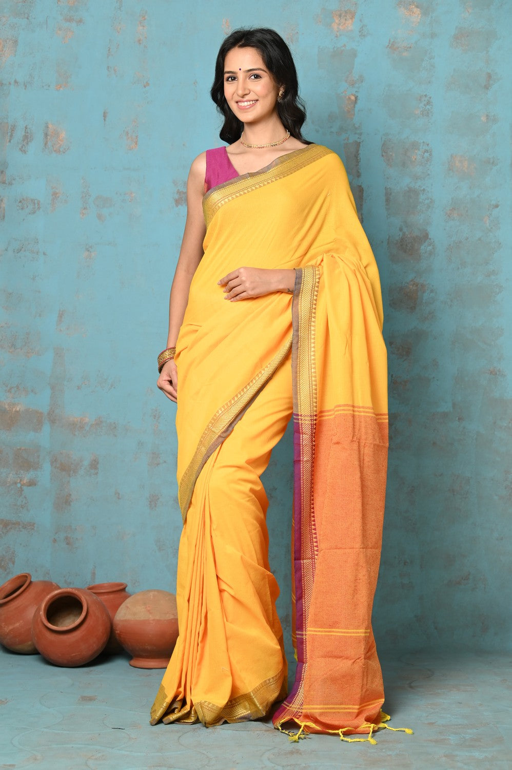 Very Much Indian Tyohaar - Pure Mul Cotton Handloom Saree - Yellow - Distacart