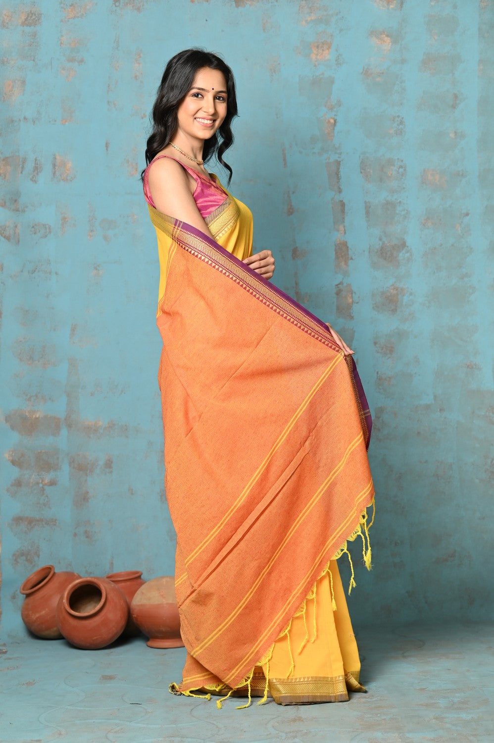 Very Much Indian Tyohaar - Pure Mul Cotton Handloom Saree - Yellow - Distacart