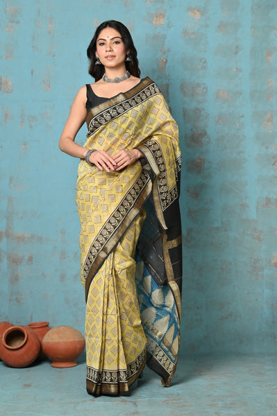 Very Much Indian Tyohaar - Chanderi Cotton Natural Dye Handblock Printed Saree - Yellow - Distacart