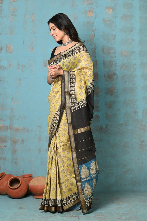 Very Much Indian Tyohaar - Chanderi Cotton Natural Dye Handblock Printed Saree - Yellow - Distacart