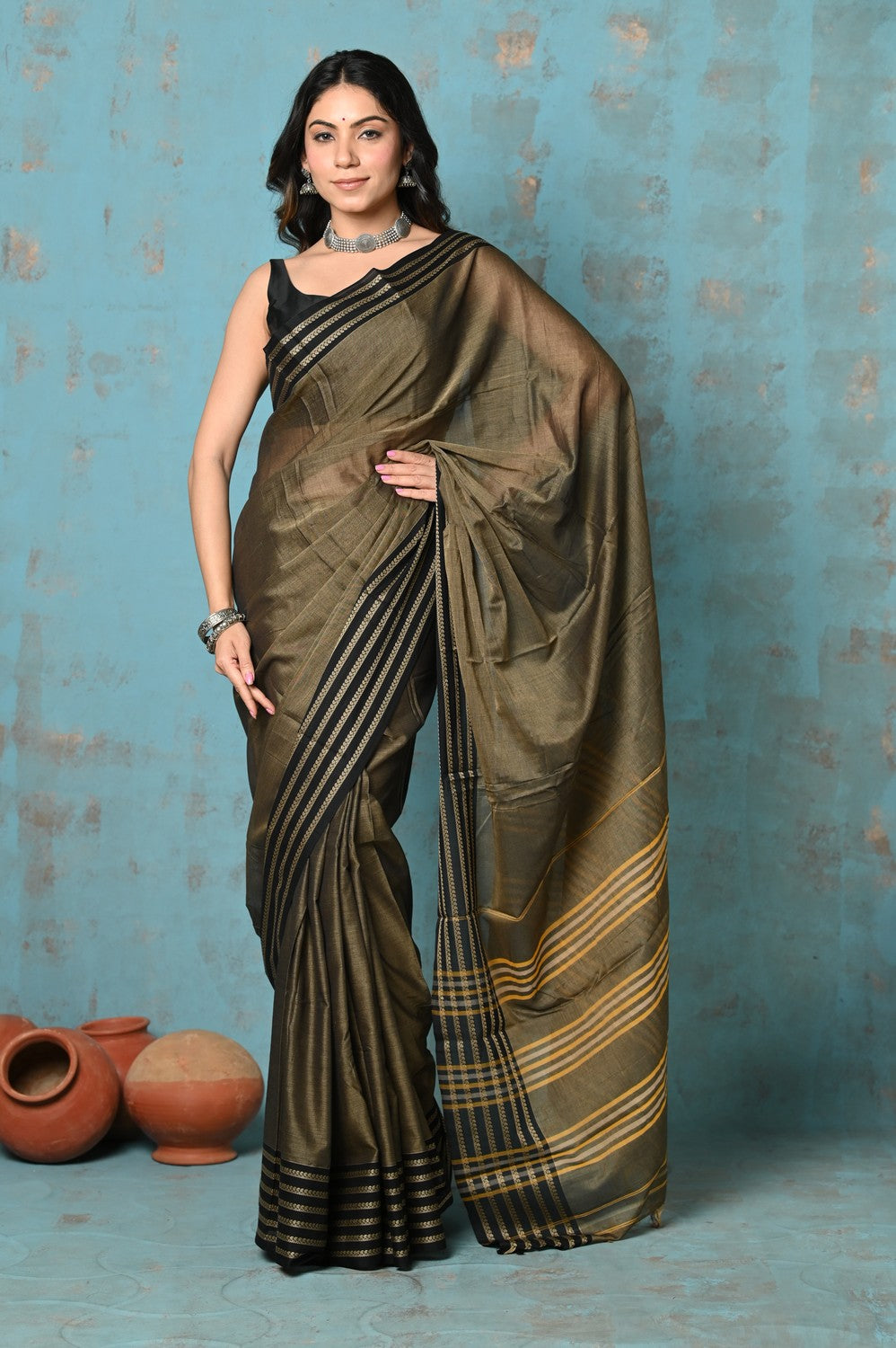 Very Much Indian Tyohaar - Cotton Saree With Border - Copper - Distacart