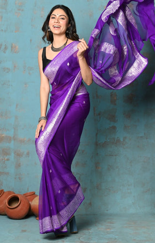 Very Much Indian Suhaani - Handloom Khaddi Georgette Saree With Sleek Border - Purple (Silk Mark) - Distacart