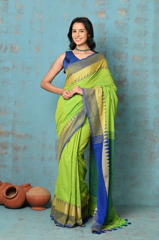 Very Much Indian Tyohaar - Handloom Soft Cotton Lime Green Weave with Blue Temple Border