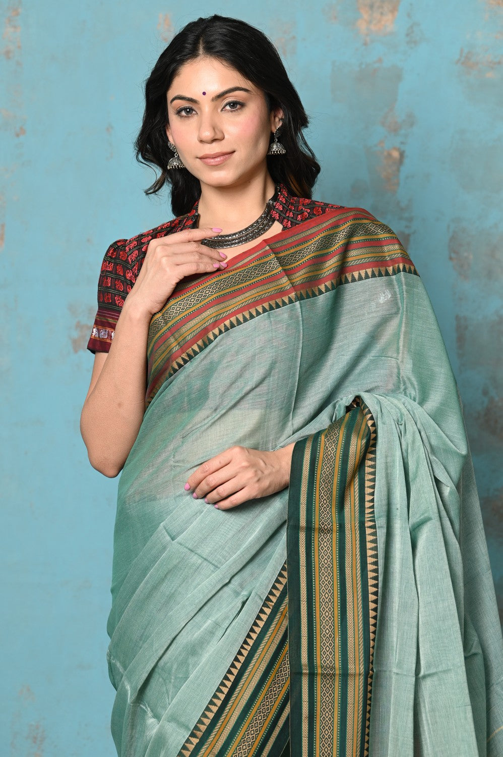 Very Much Indian Tyohaar - Cotton Saree With Ganga Jamuna Border - Sea Green - Distacart