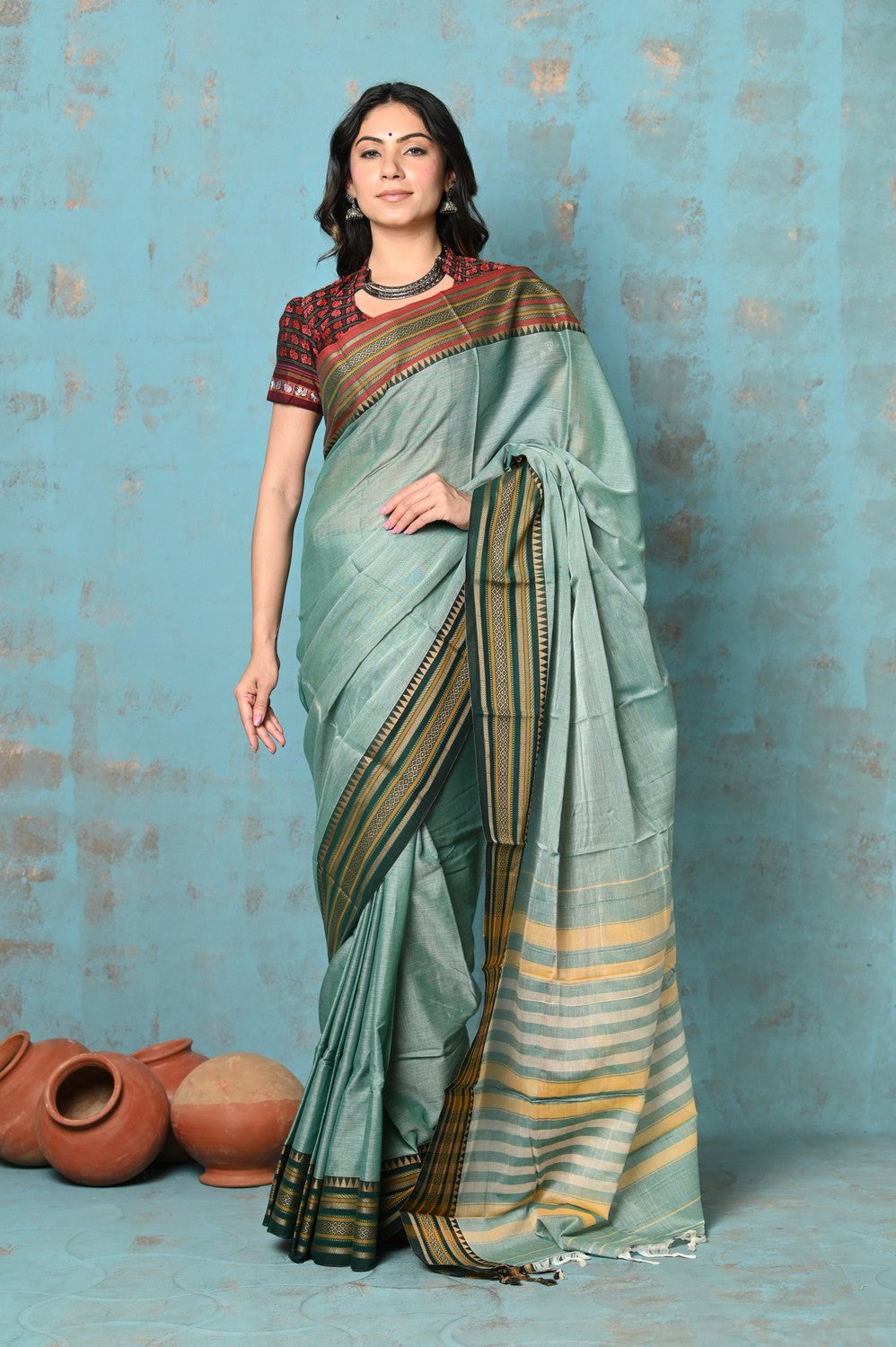 Very Much Indian Tyohaar - Cotton Saree With Ganga Jamuna Border - Sea Green - Distacart