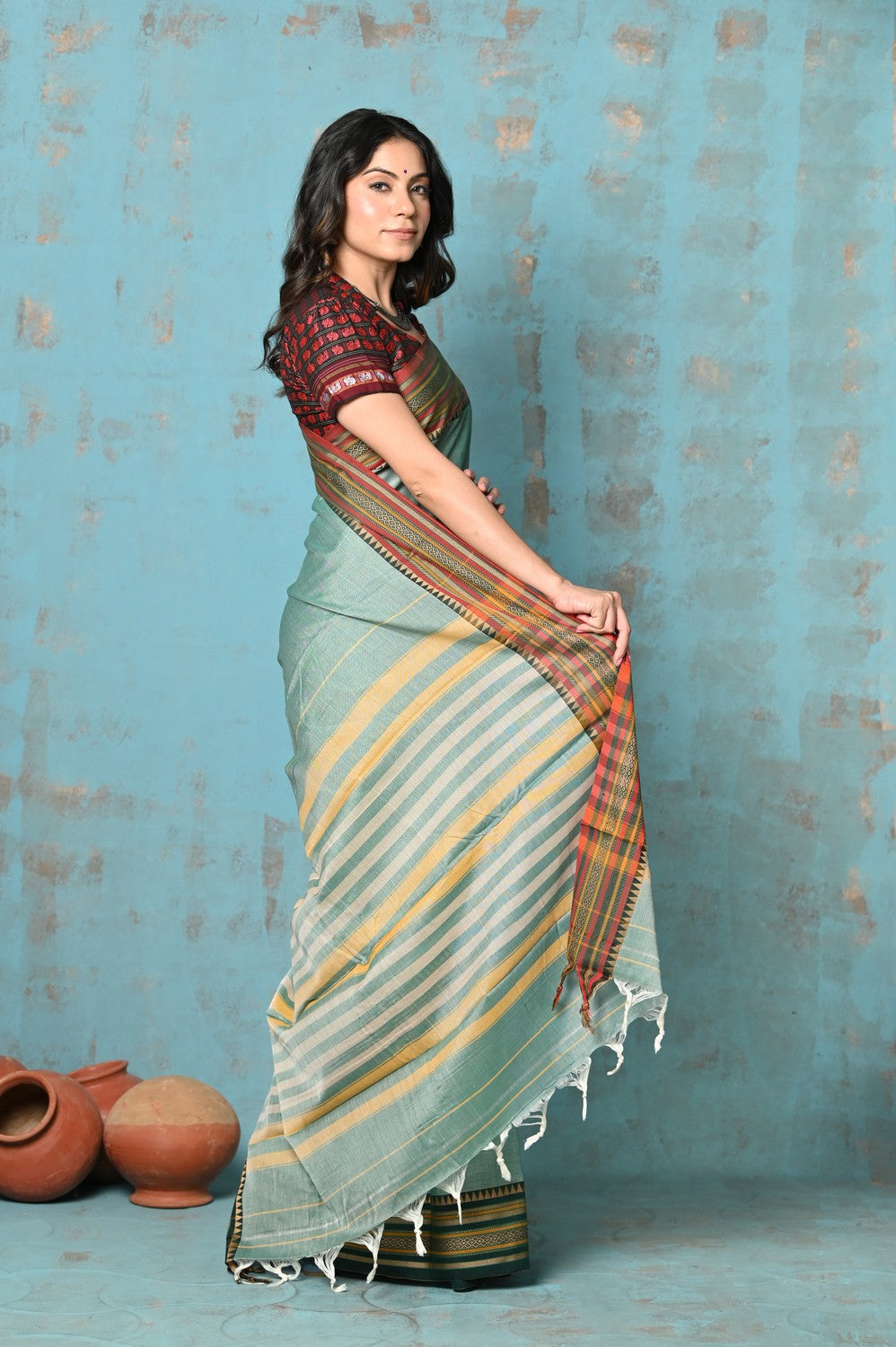 Very Much Indian Tyohaar - Cotton Saree With Ganga Jamuna Border - Sea Green - Distacart