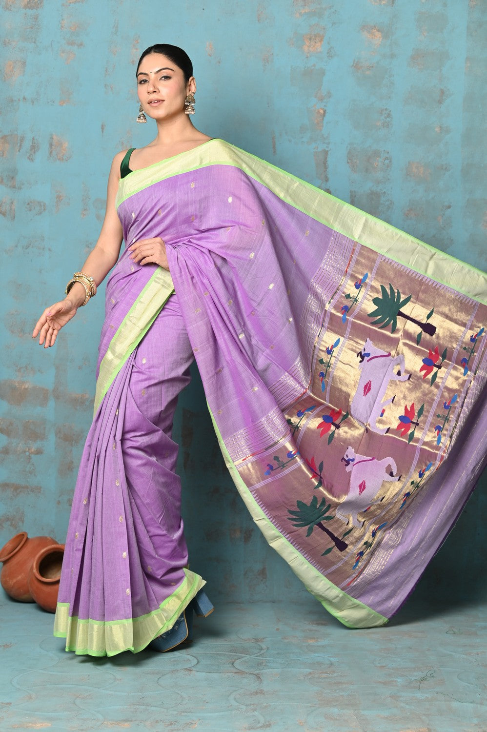 Very Much Indian Tyohaar - Exclusive! Handloom Pure Cotton Paithani in Most Traditional Lilac with Pichwai Pallu - Distacart