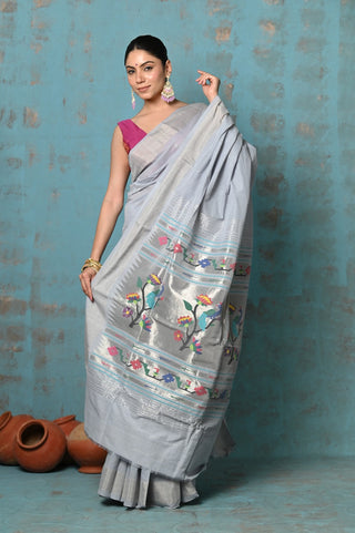 Very Much Indian Tyohaar - Handloom Pure Cotton Paithani With Asawali Pallu - Grey