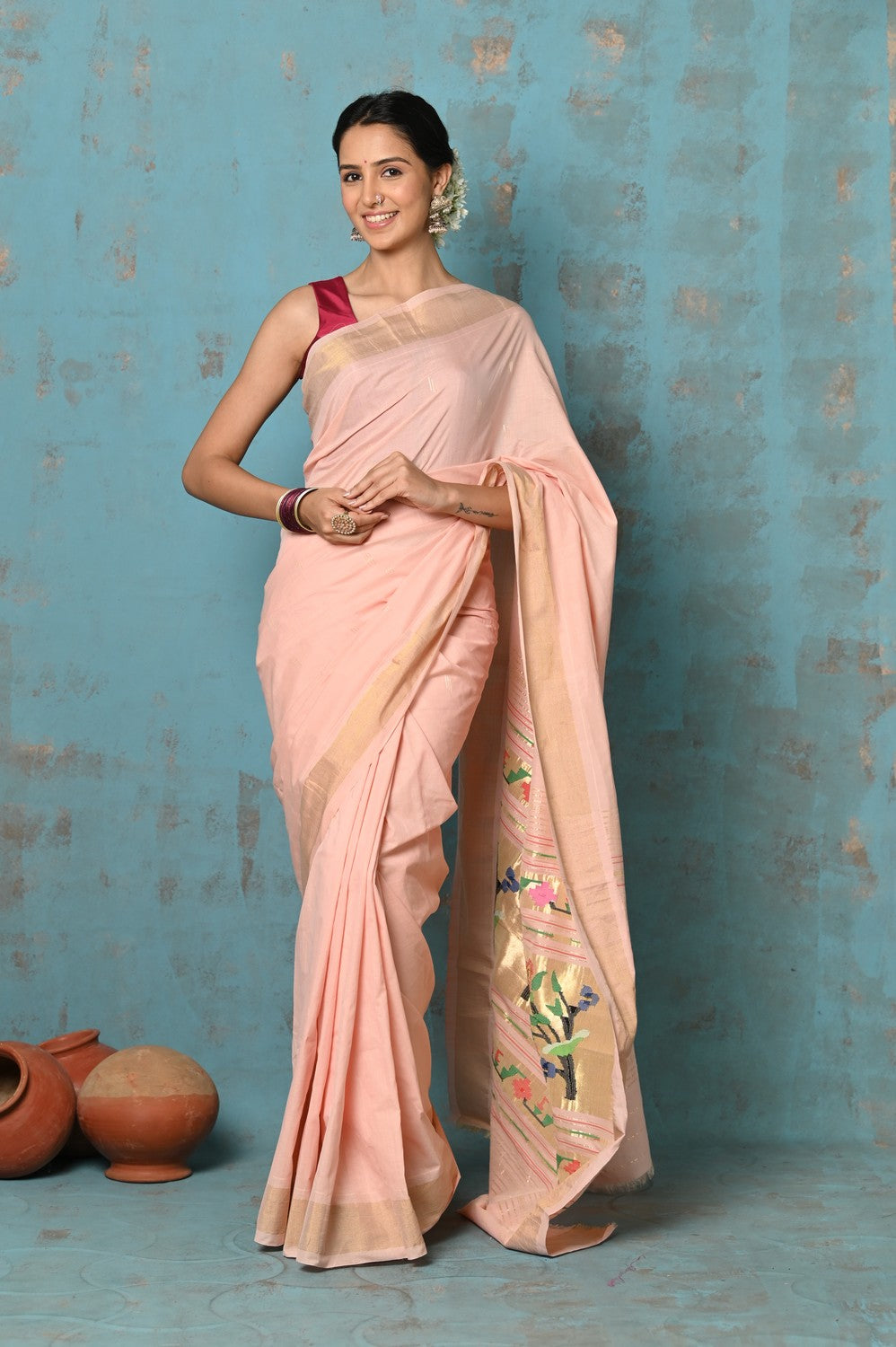 Very Much Indian Tyohaar - Handloom Pure Cotton Paithani With Lotus Pallu - Peach - Distacart