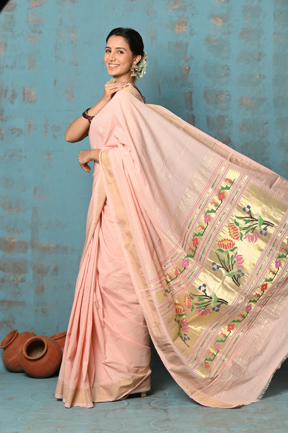 Very Much Indian Tyohaar - Handloom Pure Cotton Paithani With Lotus Pallu - Peach - Distacart