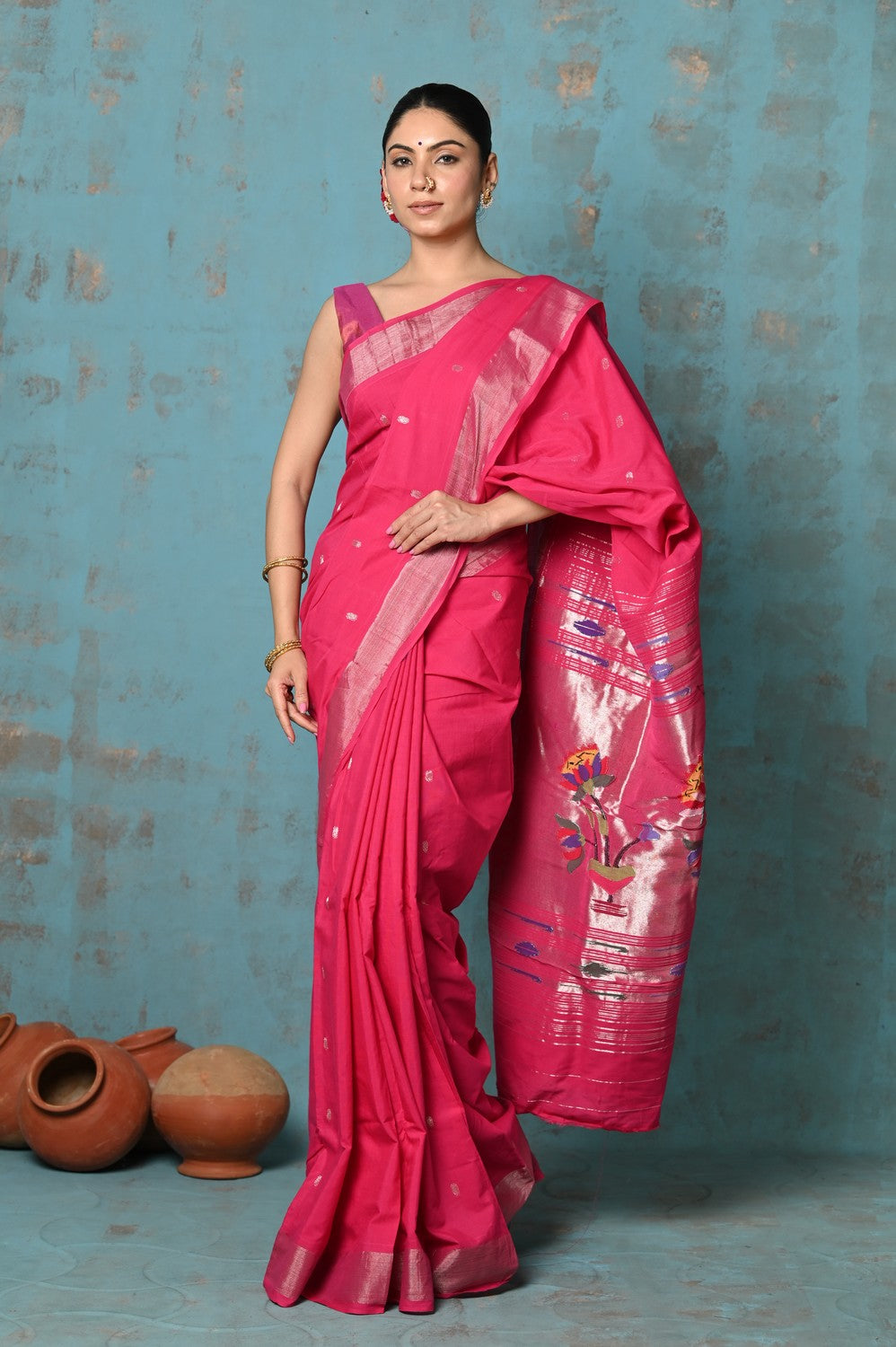 Very Much Indian Tyohaar - Handloom Pure Cotton Paithani With Lotus Pallu - Blush Pink - Distacart