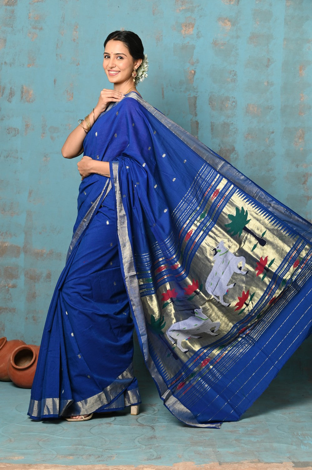 Very Much Indian Tyohaar - Exclusive! Handloom Pure Cotton Paithani in Most Traditional Royal Blue with Pichwai Pallu - Distacart