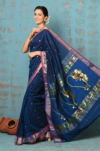 Very Much Indian Tyohaar - Handloom Pure Cotton Paithani With Nath Pallu - Indigo Blue