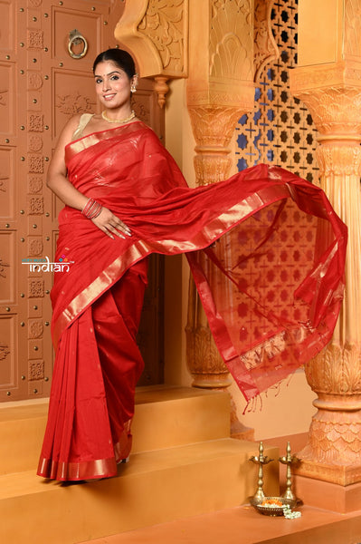 Very Much Indian Shubh - Handloom Cotton Silk Saree with Golden Border in Exclusive Royal Red