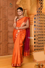 Thumbnail for Very Much Indian Shubh - Handloom Cotton Silk Saree with Golden Border in Exclusive Sapphire Orange with Contrast Pallu