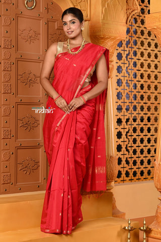 Very Much Indian Shubh - Handloom Cotton Silk Saree with Sleek Golden Border in Exclusive Royal Red