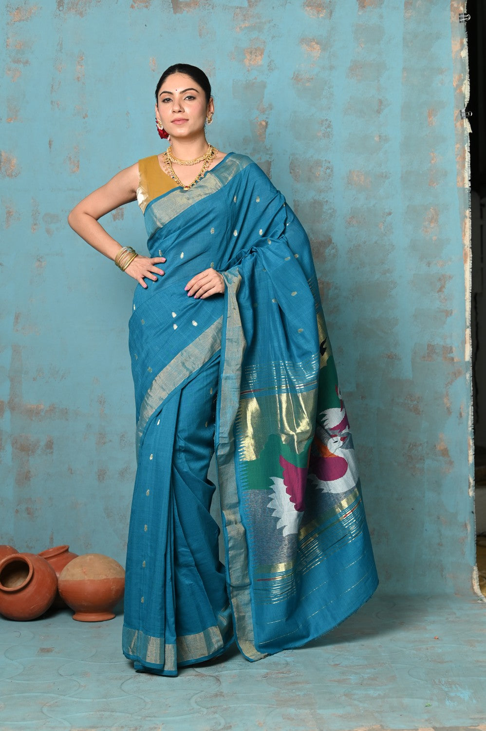 Very Much Indian Tyohaar - Handloom Pure Cotton Paithani With Swan Pallu - Carolina Blue - Distacart