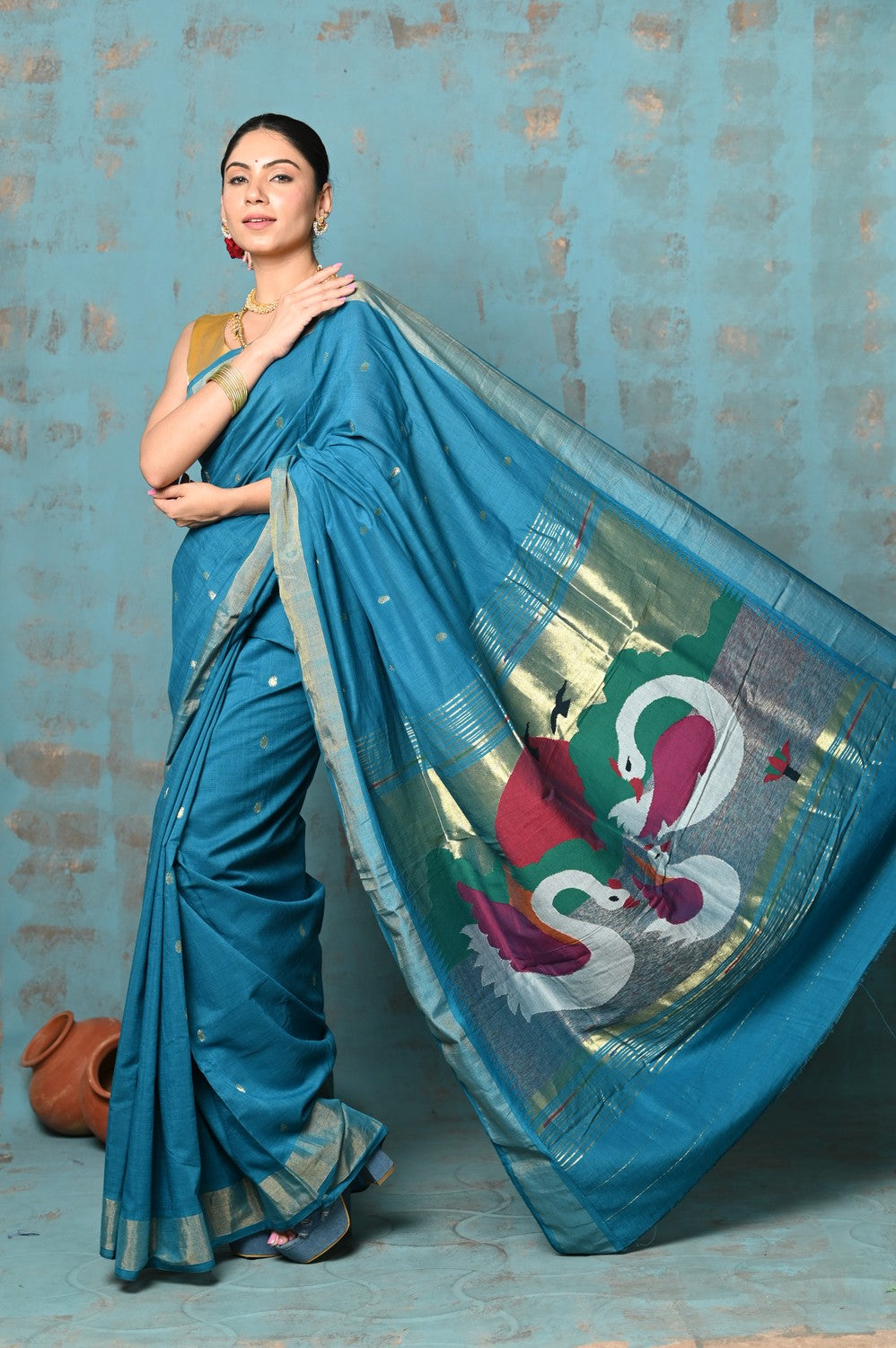 Very Much Indian Tyohaar - Handloom Pure Cotton Paithani With Swan Pallu - Carolina Blue - Distacart