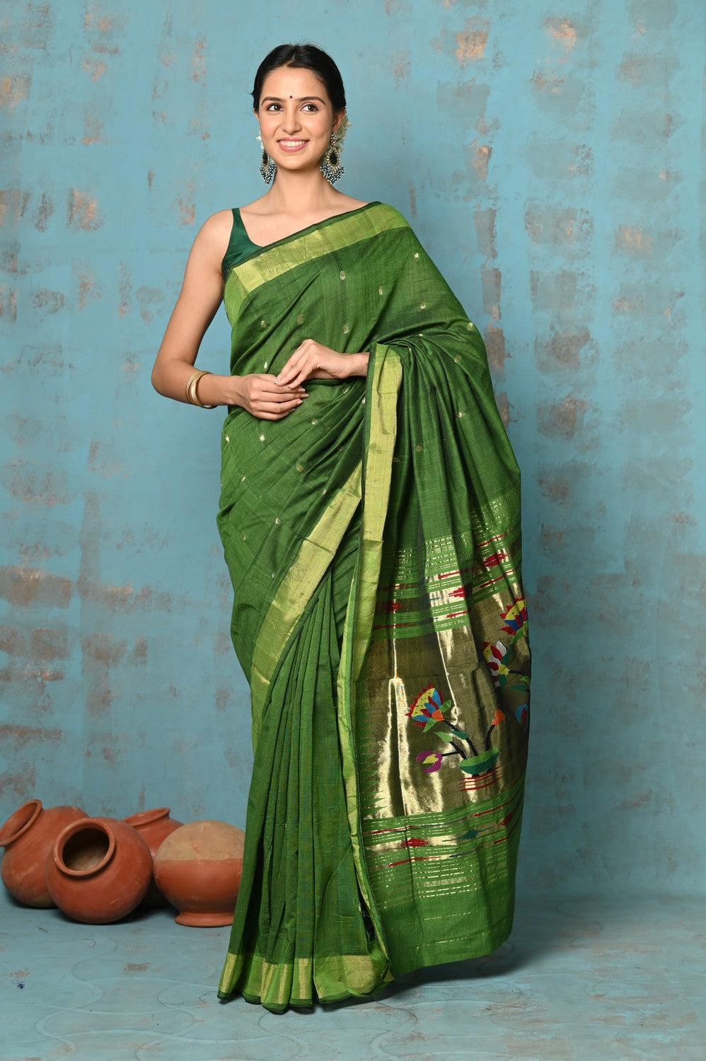 Very Much Indian Tyohaar - Handloom Pure Cotton Paithani With Lotus Pallu - Leaf Green - Distacart