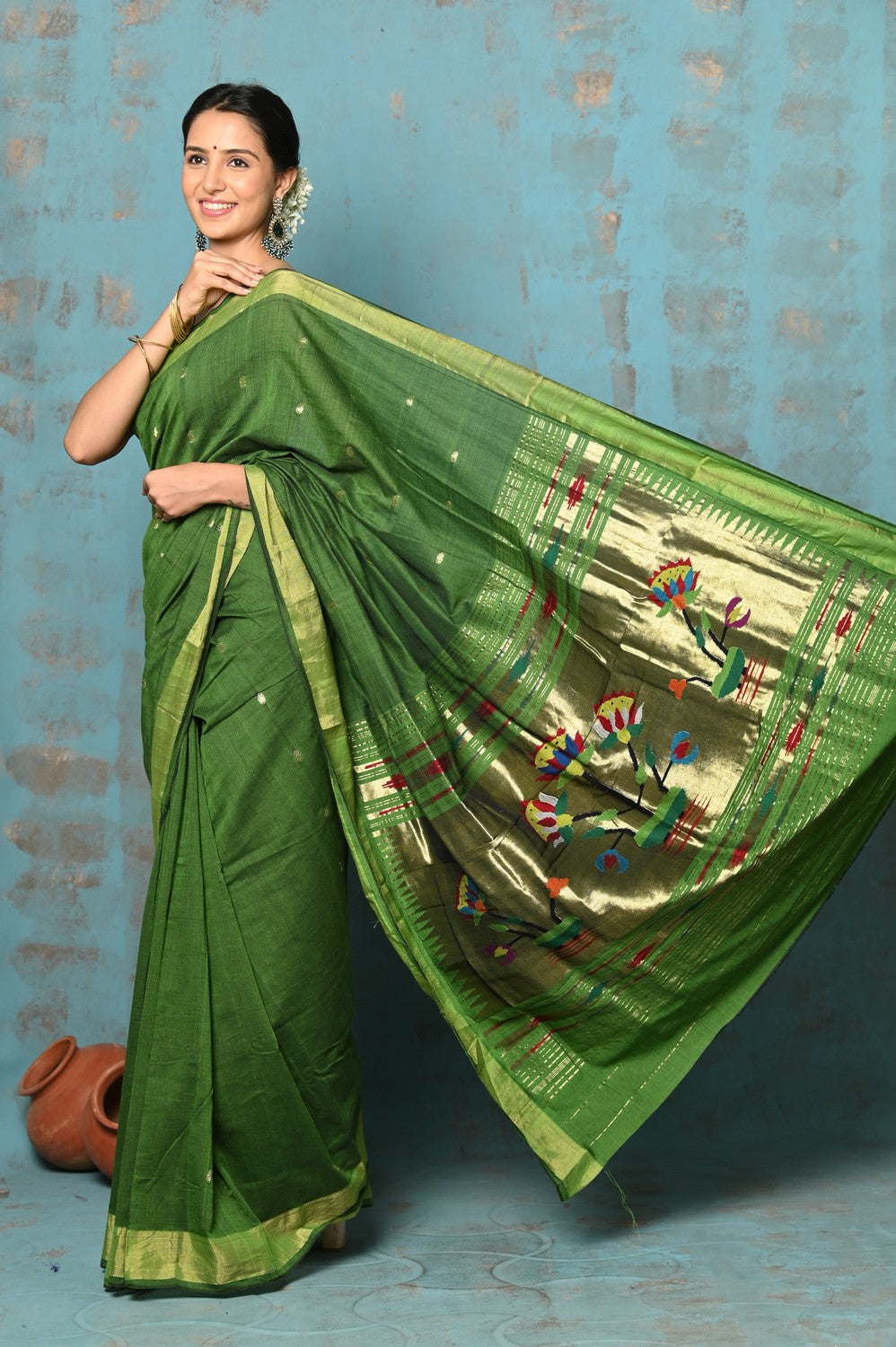 Very Much Indian Tyohaar - Handloom Pure Cotton Paithani With Lotus Pallu - Leaf Green - Distacart