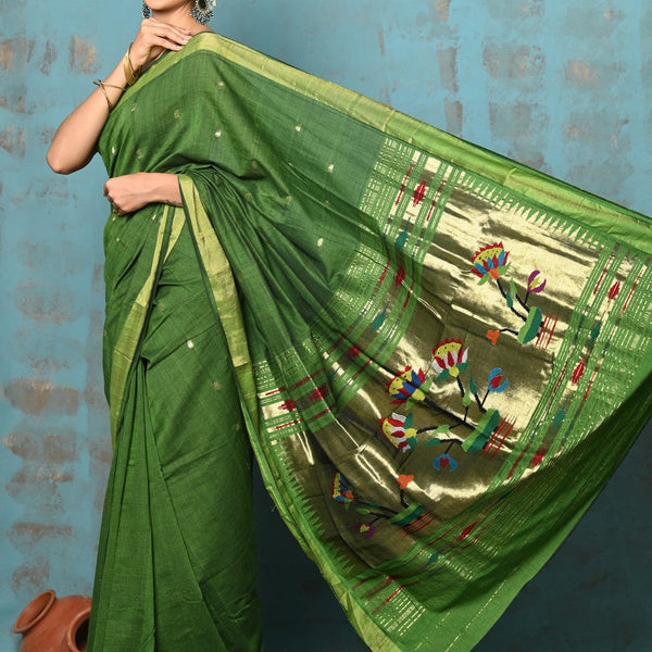 Very Much Indian Tyohaar - Handloom Pure Cotton Paithani With Lotus Pallu - Leaf Green - Distacart