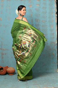 Thumbnail for Very Much Indian Tyohaar - Handloom Pure Cotton Paithani With Lotus Pallu - Leaf Green