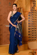 Thumbnail for Very Much Indian Shubh - Handloom Cotton Silk Saree with Sleek Golden Border in Exclusive Royal Blue
